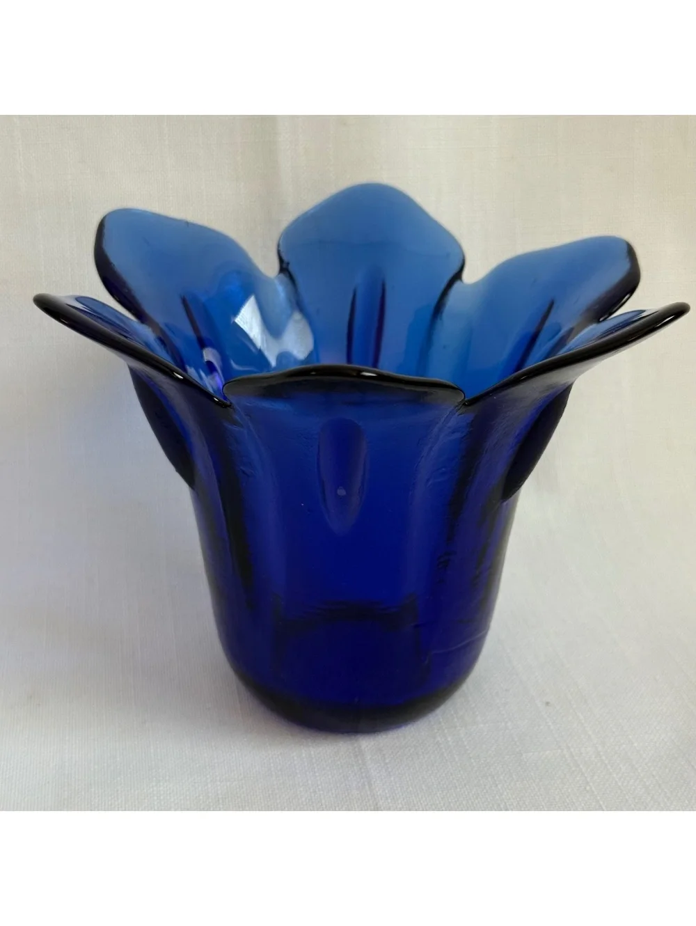 Vintage Cobalt Blue Art Glass Tulip Flower Vase Heavy MCM Hand Blown Spain 6